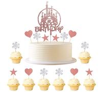 Kawailay Pack of 31 Glitter Frozen Cake Decoration Castle Happy Birthday Cake Toppers Snow Queen Cake Toppers with Snowflakes Heart Star for Children Girls Birthday Christmas Party Rose Gold