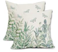 Kawani Eucalyptus Leaf Spring Decorative Pillow Covers 16x16 Inch Sage Green Watercolor Leaves Summer Outdoor Throw Set of 2 Farmhouse Pillowcases Cotton Linen Cushion for Couch Decor