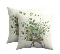 Kawani Eucalyptus Leaves Throw Pillow Covers 20x20 Inch 2Pcs Green Sage Leaf White Flowers Mason Jar Farmhouse Pillowcases Cotton Linen Cushion Cover for Couch Sofa Bed Summer Home Decor