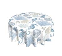 Kawani Nautical Coastal Summer Tablecloth Round 60 Inch Rustic Shells Seahorse Coral Beach Table Cloth Washable Wrinkle Stain-Resistant Polyester Farmhouse Table Cover for Party Picnic DinnerVintage