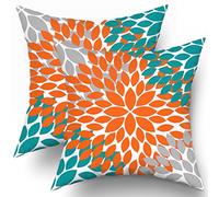 Kawani Orange Teal Grey Pillow Covers 20x20 Dahlias Floral Modern Farmhouse Rustic Decorative Cotton Couch Pillow Cases with Zipper Set of 2 Home Decor for Living Room Bedroom Bed Cushion Outdoor
