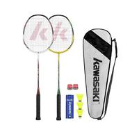 Kawasaki Badminton Racket Set of 2, Graphite Shaft Alloy Frame Lightweight Badminton Rackets for Training, Sports and Entertainment, with 3 Badminton shuttlecock, 2 Overgrips and 1 Bag