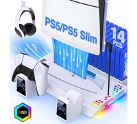 Kawaye PS5 Slim Stand Cooling Station with PS5 Controller Charger for Playstation 5/Slim Console, PS5 Accessories Vertical Stand Incl.3 Levels Cooling Fan,RGB Light,Headset Holder,14 Game Slot