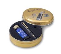 Kaweco PISTON SPORT AL Black/Gold Starter Set I Classic Fountain Pen with Steel Nib in Nostalgic Box including Ink Bottle in Royal Blue 13 cm I Nib: F (Fine)