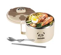 Kawiithn 1600ml Large Ramene Bowl with Lid and Handle, Cute Panda Stainless Steel Instant Noodle Bowl with Foldable Cutlery, Leakproof Soup Mug Food Container for Office Dorm Room