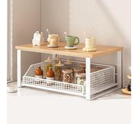 Kawiithn Countertop Shelf Organizer with Pull-Out Storage Basket, Wooden Rack Coffee Machine Toaster Stand, Space Saving Desk Accessories Tea Bag Holder Cup Display for Home Kitchen 37x26x18cm
