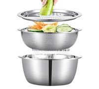 Kawiithn Multifunctional Stainless Steel Basin, 3in 1 Stainless Steel Basin with Colander & Grater, Rice Washing Bowl, Mixing Bowl Set for Fruit Vegetable Shredding Draining (24cm)