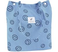 Kawn® Women Corduroy Tote Bag Canvas Shoulder Purse Reusable Shopping Bag Grocery Bag Large Capacity Washable Handbag Girls Shoulder Bag with Inner Pocket For Daily Use Work Travel (Smiley Sky Blue),