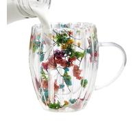 Kaxenig Dried Flowers Double Walled Glass Mugs, Dry Flower Cup, 300ml Coffee Cups with Handle, Glass Tea Cups Insulated Coffee Mugs Tea Mug Milk Mug