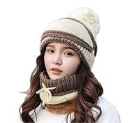Kaxich 3 in 1 Winter Knitted Beanie Hat and Circle Scarf Set with Face Mask Women Warm Knitted Scarf Pom Pom Cap for Indoor and Outdoor Sports Cream&Brown.