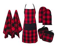 Kaxich Kitchen Apron Set Oven Mitts Pot Holders Set with Kitchen Towels, Heat Resistant Plaid Oven Gloves Tea Towels potholder Apron Set for Cooking, Grilling, Baking, Barbecue (7 Pieces)