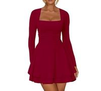 Kaximil Women's Square Neck Ruffle Hem Mini Dress Ruched Waist Long Sleeve Corset Short Party Dresses, Wine Red, XL