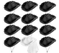 Kaxtde 12 Pcs Bride Cowboy Hats Bulk, Bachelorette Cowgirl Hats with Feather, Western Fluffy Cowboy Hat for Adults Hen Party Wedding Bridal Shower - Black, White