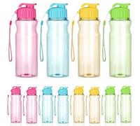 Kaxtde 12 Pcs Kids Plastic Water Bottles Bulk, 500ml Reusable Sports Water Bottles with Leak Proof Flip Top, Portable Clear Drinks Bottle with Handle Strap for School Gym Travel Outdoor (4 Colours)