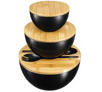 Kaxtde 3 Pack Plastic Salad Bowls with Wooden Lids, Black Mixing Bowls Set with Spoon and Fork, Large Food Serving Bowl for Fruits Salad Vegetables Pasta (4400ml, 2200ml, 900 ml)