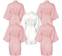Kaxtde 5 Pcs Bridesmaid Satin Robes for Wedding, Brides Dressing Gowns Bulk, Bride Bridesmaid Silk Dressing Robe for Women Ladies Hen Party Wedding Bridal Shower (Pink, White)