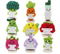 Kaxtde 9 Pcs Positive Crochet Dolls Bulk with Wooden Stands, Mini Emotional Crochet Gifts, Handmade Cute Knitted Doll for Colleagues Friends Teacher Birthday Graduation (Vegetables)