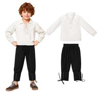 Kaxtde Boys Medieval Pirate Set, Shirt Ankle Trousers Outfit Set, Kids Renaissance Halloween Costume, Scottish Jacobite Tops and Trousers for Halloween Cosplay Themed Party - 4 Size (Black, 150)