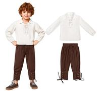 Kaxtde Boys Medieval Pirate Set, Shirt Ankle Trousers Outfit Set, Kids Renaissance Halloween Costume, Scottish Jacobite Tops and Trousers for Halloween Cosplay Themed Party - 4 Size (Brown, 130)