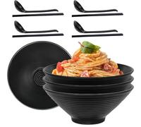 Kaxtde Japanese Ramen Bowl Set of 4, 1200ml Large Noodle Bowls with Spoons & Chopsticks, Black Melamine Asian Soup Bowls for Pho Udon Thai Curry Rice Cereal, Dishwasher Safe
