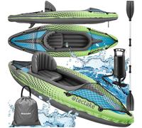 tectake® Inflatable Kayak with Durable PVC Material, Aluminium Double Paddle, 1 Removable Kayak Seat, 2 Attachable Fins & Storage Nets - Single-Seater Kayak Set Incl. Air Pump, Carry Bag & Repair Kit