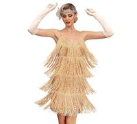 kayamiya Women's Fringe Flapper Dress 1920s V Neck Spaghetti Strap Sequin Party Dress Roaring 20s Great Gatsby Costumes, Gold, 8
