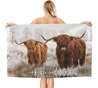 KAYAMU 3D Brown Highland Cattle Microfibre Beach Towel Extra Large 90x180 cm, Highland Cattle Lightweight Beach Towels, Quick Dry, Sand Free, for Swimming, Bath or Travel for Adults and Kids