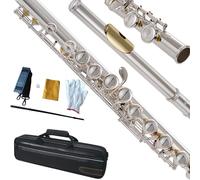KAYATA C Flute,Silver Plated Closed Hole Flute With Gold Plated Lip Plate,Offset G Split E Mechanism,16 Keys C Flute with Deluxe Lightweight Canvas Bag.