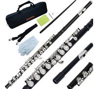 KAYATA C Flute with Closed Hole 16 Keys, Suitable for Student and Beginner, Including Cleaning cloth, Carrying Case, Gloves and Tuning Rod. Nickel Plated Flute (Black)