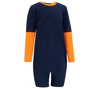 Kaycey Zip back Long Sleeve Short Leg Jumpsuit For Boys And Girls, Adaptive Clothing For Kids with Special Needs, Soft Cotton, Navy Body-Orange Trim, 11-12 Years