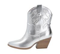 KAYDAY Womens Cowboy Boots Western Ankle Pointed Toe Short Cowgirl Booties MORLEY, Silver, 6.5 UK
