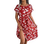 Kayferli Women's Casual Short Sleeve Pleated Dress with Leaf Print for Women Beach Dress, red, L