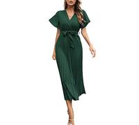 Kayferli Women's Summer Dress, Women's Summer Pleated Maxi Dress with V-Neck, Ruffles, Cap Sleeves, Long Flowy Chiffon Dress with Belt, Beach Dress, Green, XL