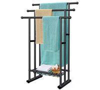 Kayfia 40" H Free Standing Towel Rack, 3 Tier Alloy Steel Stand with Basket, Blanket Drying and Display Rack for Oversized Bath Towels Bathroom Accessories, Next to Tub or Shower (Black)