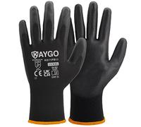 KAYGO Work Gloves PU Coated-12 Pairs, KG11PB, Black Safety Working Gloves with Secure Grip on Palm & Fingers, for Men and Women, Ideal for General Duty Work, Gardening (XX-Large, Black)
