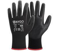 KAYGO Work Gloves PU Coated-12 Pairs, KG11PB, Black Safety Working Gloves with Secure Grip on Palm & Fingers, for Men and Women, Ideal for General Duty Work, Gardening(Small, Black)