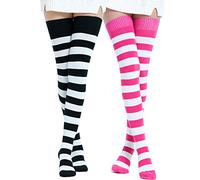 Kayhoma Extra Long Cotton Stripe Thigh High Socks Over the Knee High Socks, Black/White & Fuschia/White, M