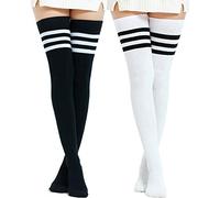 Kayhoma Extra Long Cotton Stripe Thigh High Socks Over the Knee High Socks, Black&White, One size