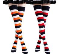 Kayhoma Extra Long Cotton Stripe Thigh High Socks Over the Knee High Socks, Dark Blue/Red/White & Dark Blue/Orange/White, M