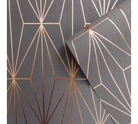 Kayla Metallic Geometric Wallpaper Charcoal / Rose Gold Muriva 703015