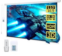 Kayle 110" Motorized Projector Screen Electric Diagonal Automatic Projection 16:9 HD Movies Screen for Home Theater Presentation Education Outdoor Indoor W/Wireless Remote, Wall/Ceiling Mount (White)
