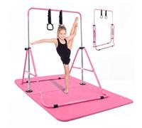 KAYMAN Gymnastics Horizontal Bar for Kids with Rings & Hand Protection Wrap - Adjustable Height 89/99/109/119/129cm, Heavy-Duty Steel Gym Equipment for Home Gymnastics, Strength & Flexibility Training