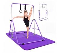 KAYMAN Gymnastics Horizontal Bar for Kids with Rings & Hand Protection Wrap - Adjustable Height 89/99/109/119/129cm, Heavy-Duty Steel Gym Equipment for Home Gymnastics, Strength & Flexibility Training