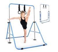KAYMAN Gymnastics Horizontal Bar for Kids with Rings & Hand Protection Wrap - Adjustable Height 89/99/109/119/129cm, Heavy-Duty Steel Gym Equipment for Home Gymnastics, Strength & Flexibility Training