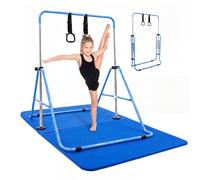 KAYMAN Gymnastics Horizontal Bar for Kids with Rings & Hand Protection Wrap - Adjustable Height 89/99/109/119/129cm, Heavy-Duty Steel Gym Equipment for Home Gymnastics, Strength & Flexibility Training