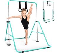 Kayman Gymnastics Horizontal Bar For Kids With Rings & Hand Protection Wrap, Adjustable Height, Teal