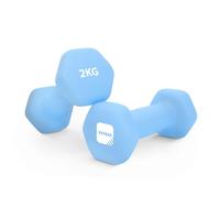KAYMAN Neoprene Dumbbell Pair with Anti-Slip Grip, Hex Edges, Water-Resistant Surface & Free Workout Poster Guide - Weight Set for Home, Gym & Fitness Training Equipment - Unisex (2kg - Light Blue)