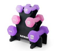 KAYMAN Neoprene Weights Dumbbells Set with Stand (1, 2, 3kg), Water-Resistant Dumbbell Weights Anti-Roll Hex Shape, Hand Weights for Women & Men with Workout Poster, Weights Set for Home Gym - Pink