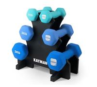 KAYMAN Neoprene Weights Dumbbells Set with Stand (1, 2, & 3kg), Water-Resistant Dumbbell Weights Anti-Roll Hex Shape, Hand Weights for Women & Men with Workout Poster, Weights Set for Home Gym - Blue
