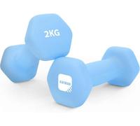 KAYMAN Neoprene Dumbbell Pair with Anti-Slip Grip, Hex Edges, Water-Resistant Surface & Free Workout Poster Guide - Weight Set for Home, Gym & Fitness Training Equipment - Unisex (2kg - Light Blue)